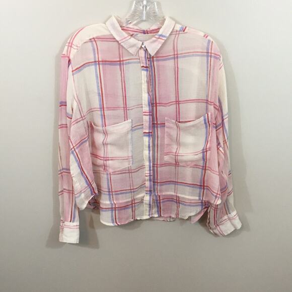 Anthropologie Holding Horses Brushed Plaid Cream/Pink Sheer Button Down Top - Picture 5 of 7